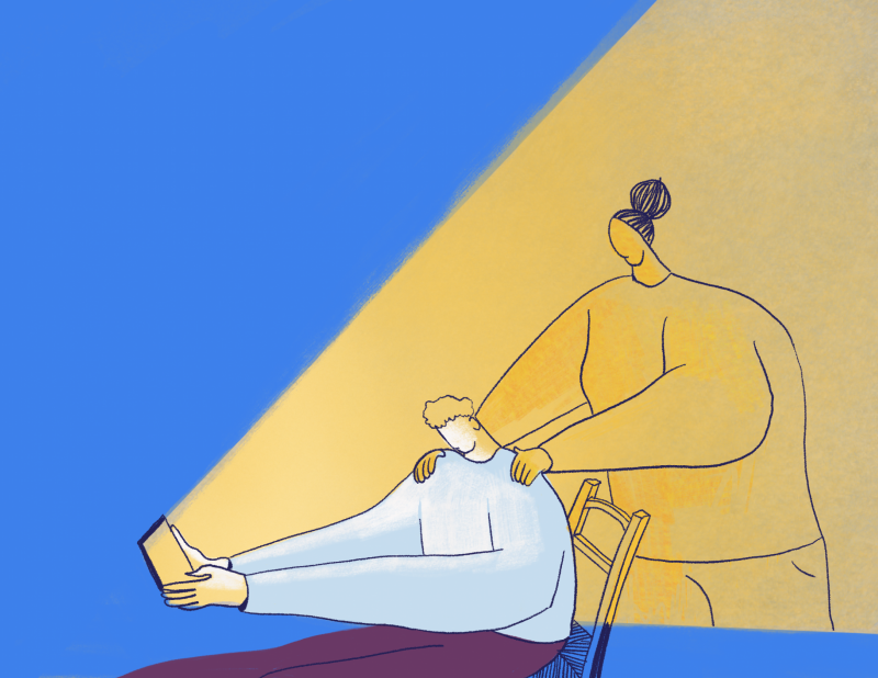 Il·lustració d’una persona que mira una tablet d'on surt una figura que li posa les mans a les espatlles.